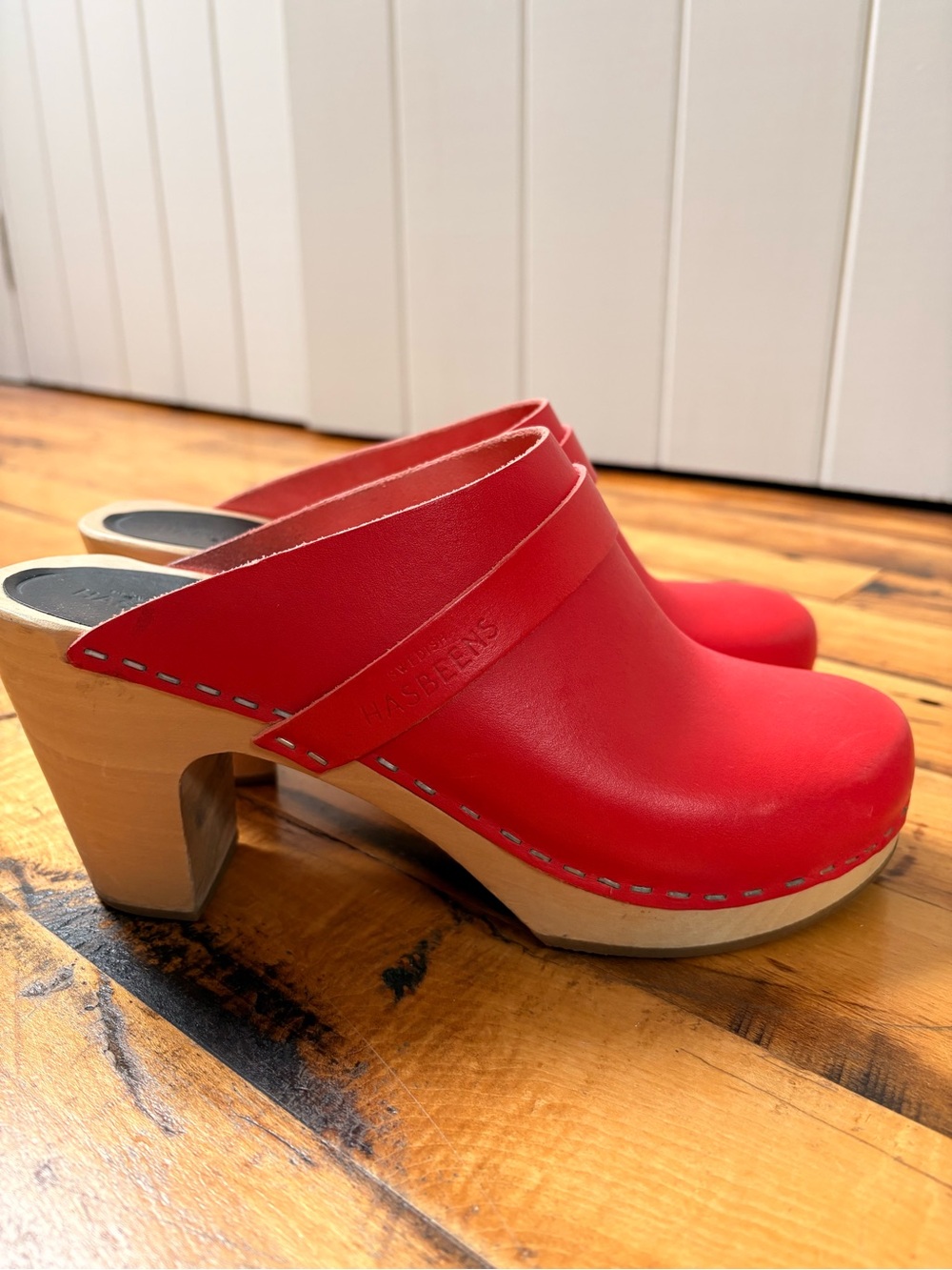 Swedish Hasbeens Red Leather Clogs with Natural Wood Heel